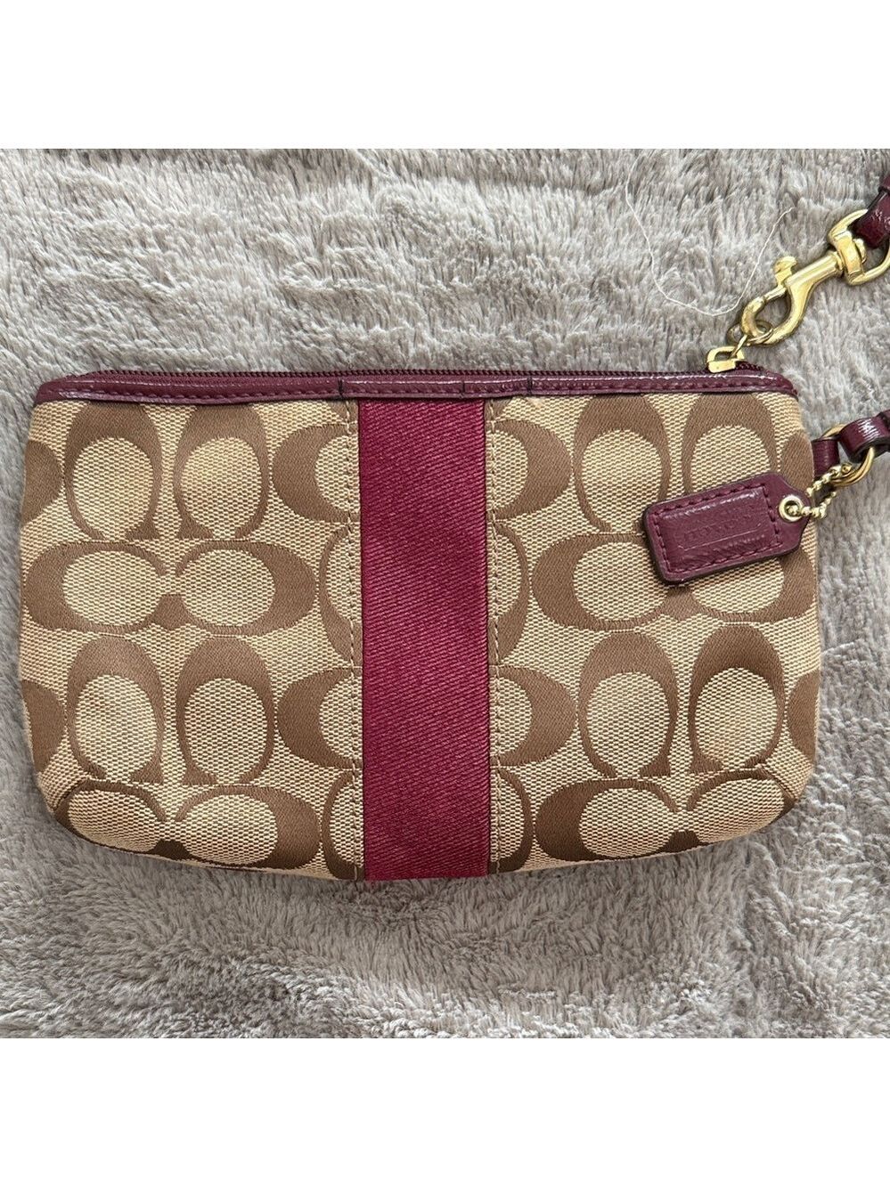 Coach Khaki/Brown Signature Canvas Wristlet with Burgundy Stripe - Picture 4 of 5